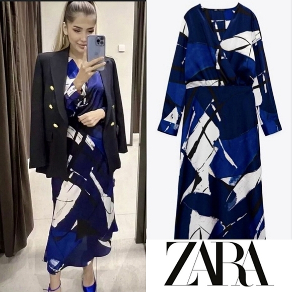 Zara Dresses & Skirts - SOLD Zara Abstract Printed Midi Dress, Long Sleeve Wrap, Worn on TV